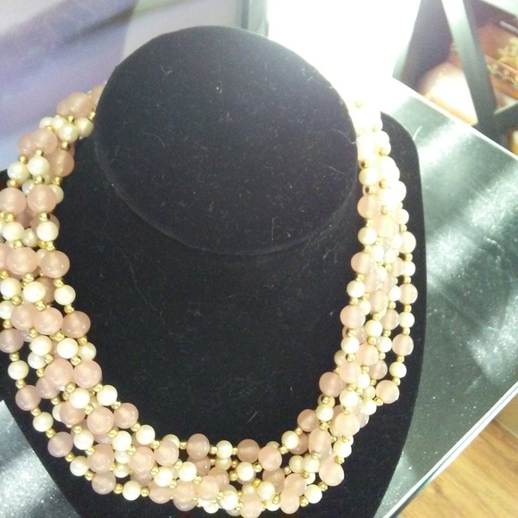 unknown Jewelry - Rose Quarts and Faux Glass Pearls Necklace Vintage